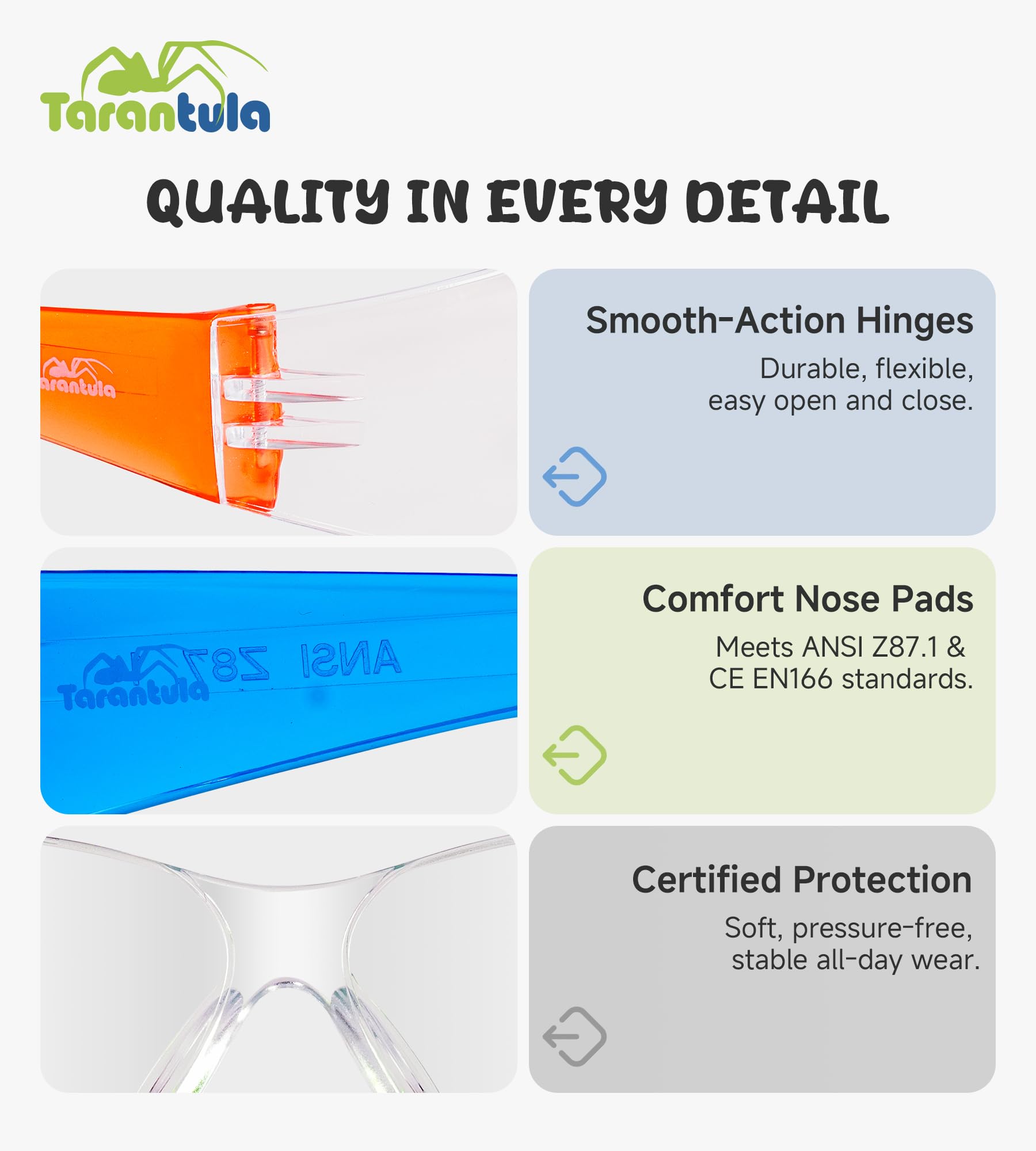 Tarantula scratch-resistant polycarbonate lenses resist scuffs in daily activities