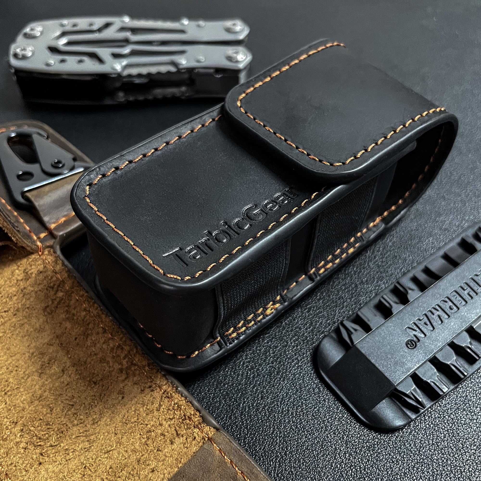 TarbicGear dark brown crazy horse leather finish adds durable, classic look.