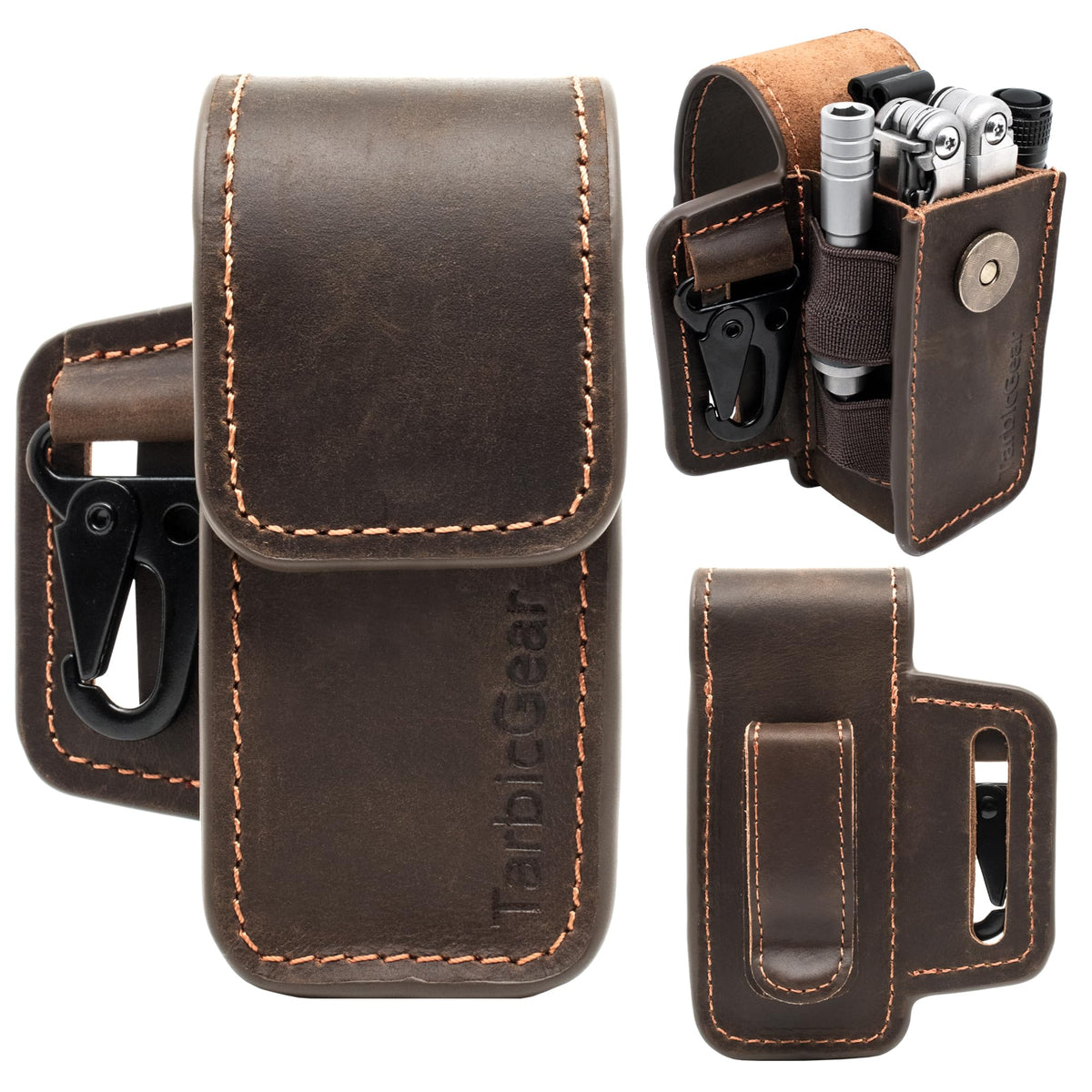 TarbicGear leather multitool sheath with belt clip secures tools on the belt.