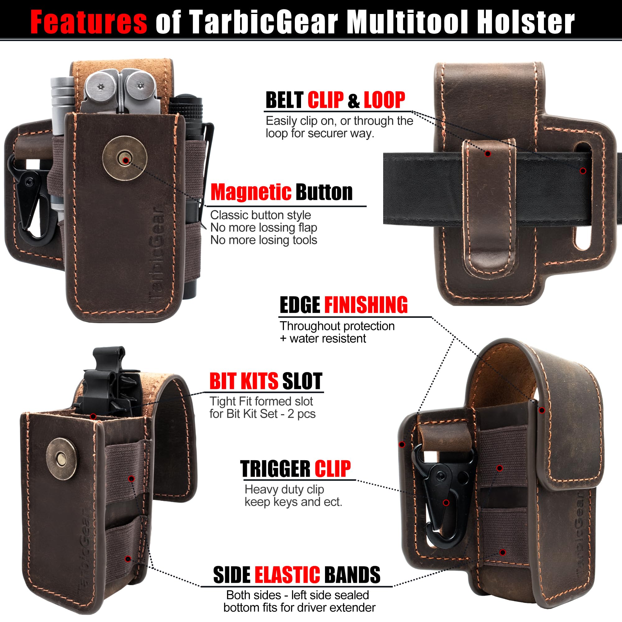 TarbicGear leather sheath highlights edge finishing for durability.