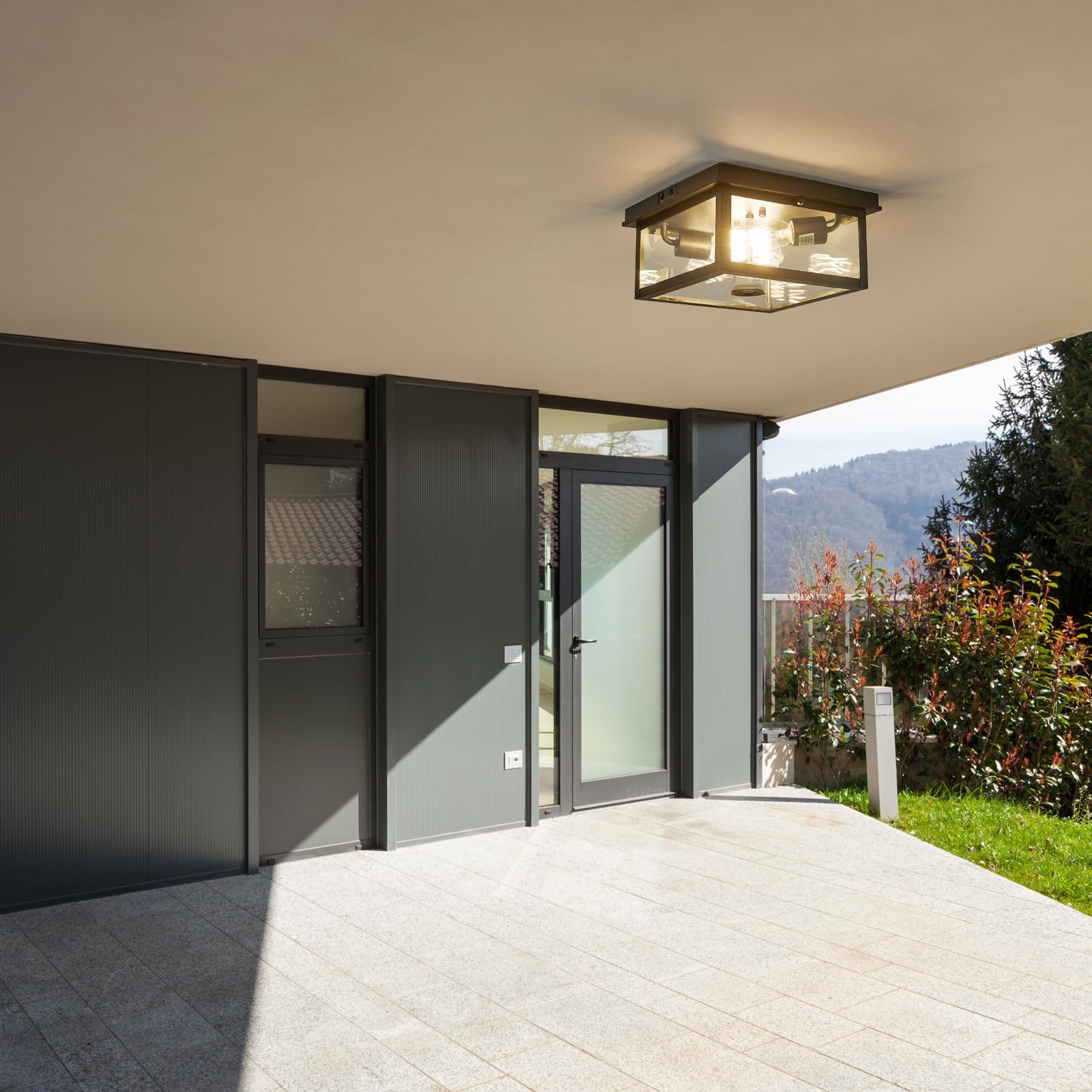 Tarentlight outdoor porch ceiling light showcases textured black finish and clear glass panels.