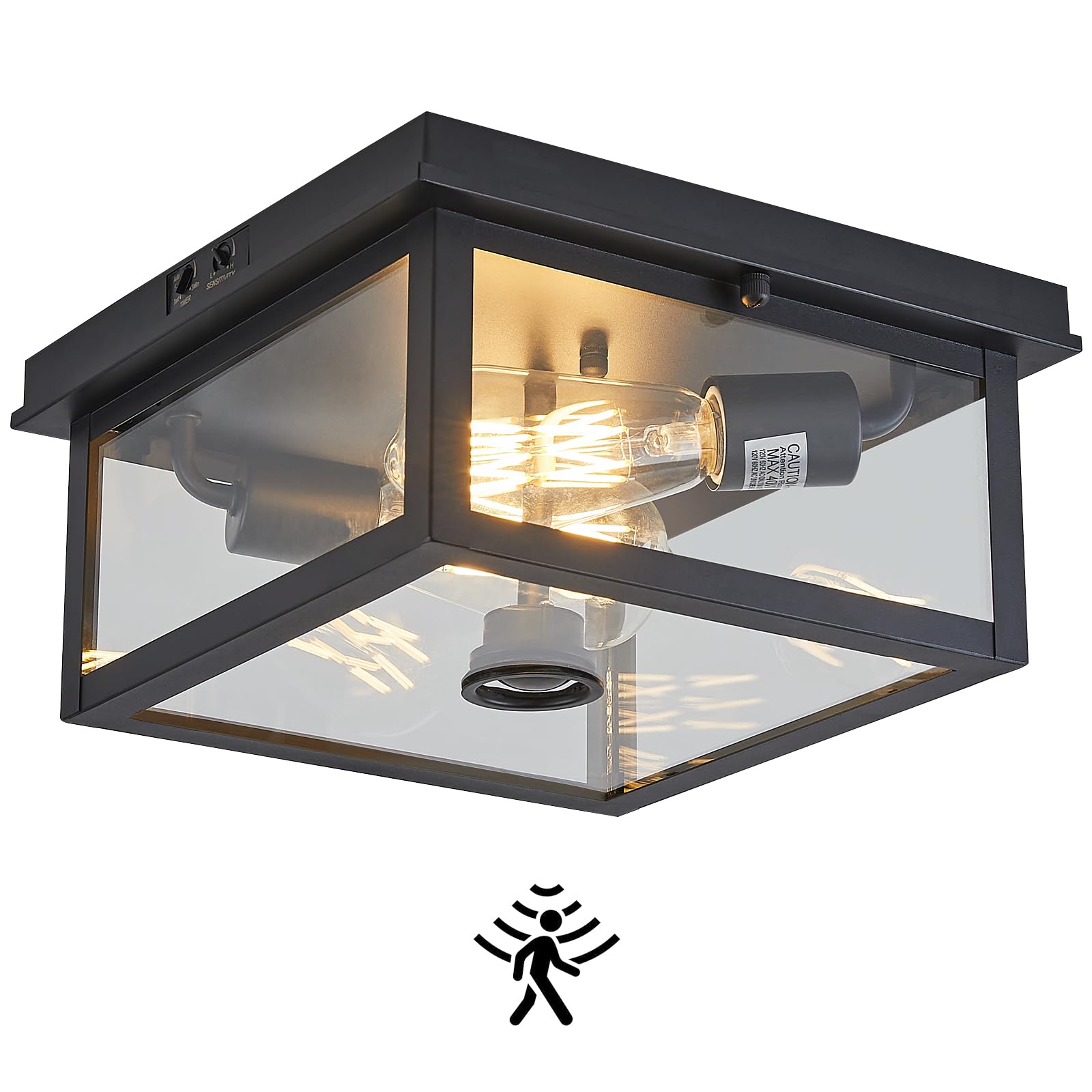 Tarentlight square motion sensor ceiling light with adjustable reach for outdoor applications.