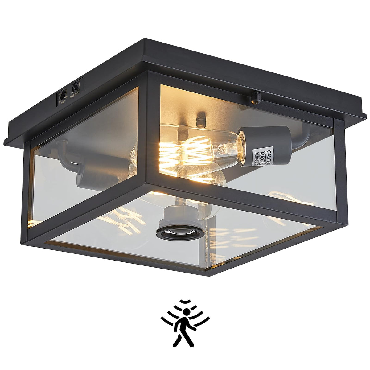 Tarentlight square motion sensor ceiling light with adjustable reach for outdoor applications.