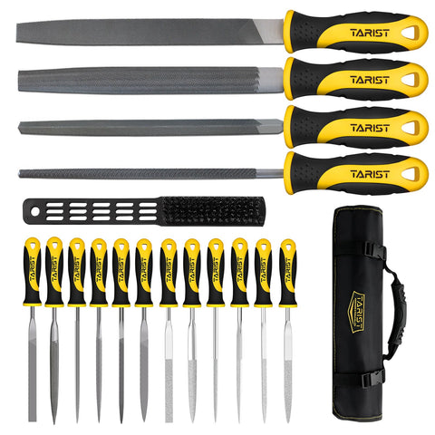 Tarist 17-piece file set front view in tool bag for organized metalwork