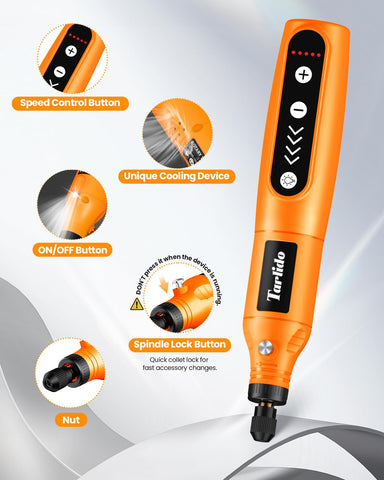 Tarlido cordless rotary tool 3.7V battery detail highlighting long-lasting power.