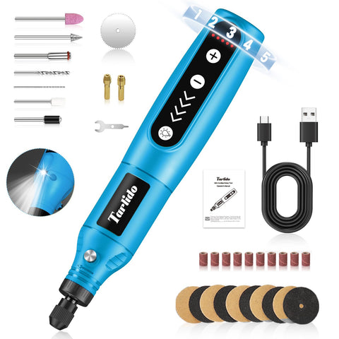 Tarlido cordless rotary tool kit engraving action provides precise control for fine details.