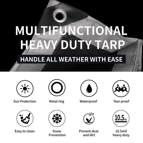 TARPAL 10-5mil heavy-duty tarp shows durable thickness for harsh weather.