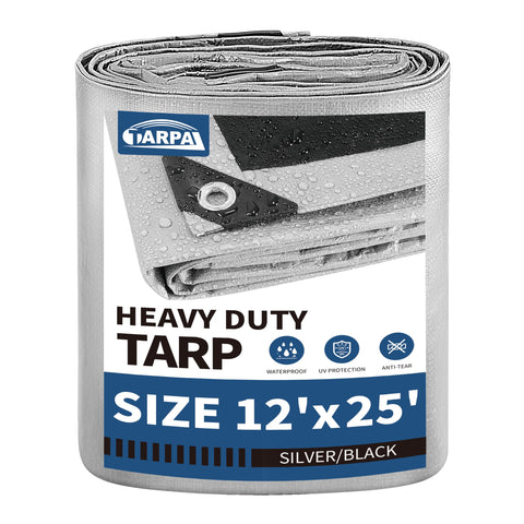 TARPAL 12x25 feet silver tarp provides weather-ready protection for outdoor spaces.