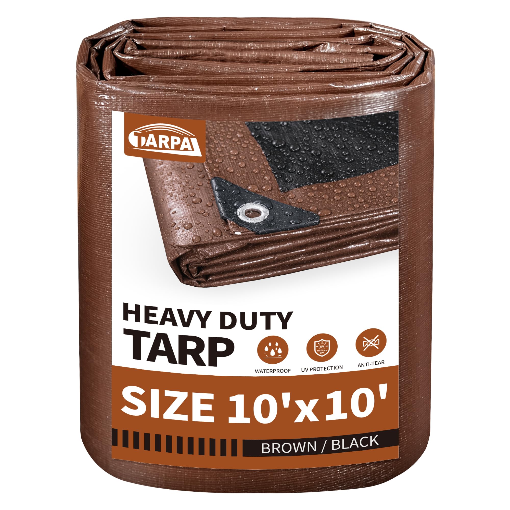TARPAL heavy-duty tarp in brown covers a 10x10 ft area for durable protection