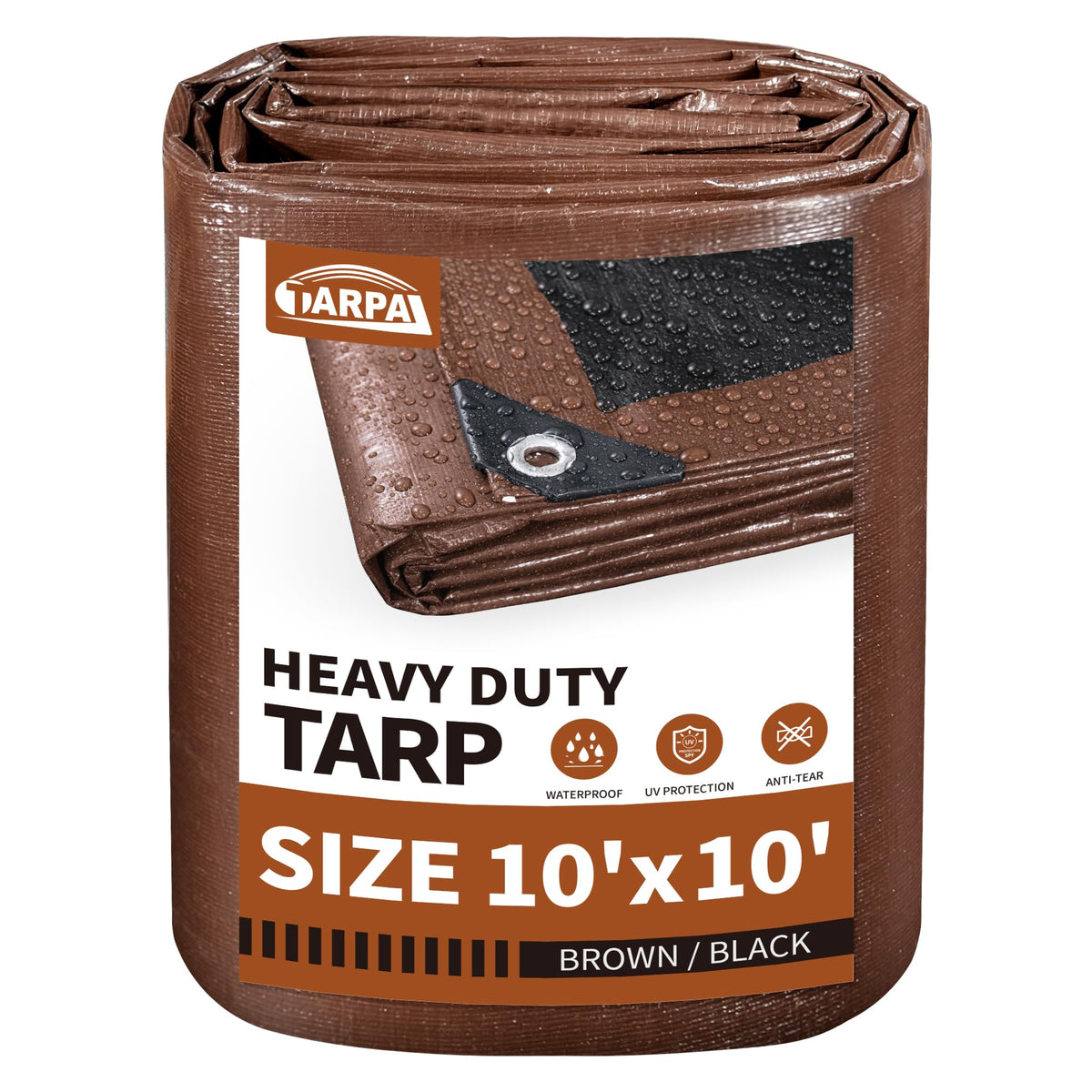 TARPAL heavy-duty tarp in brown covers a 10x10 ft area for durable protection