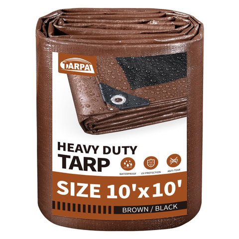 TARPAL heavy-duty tarp in brown covers a 10x10 ft area for durable protection