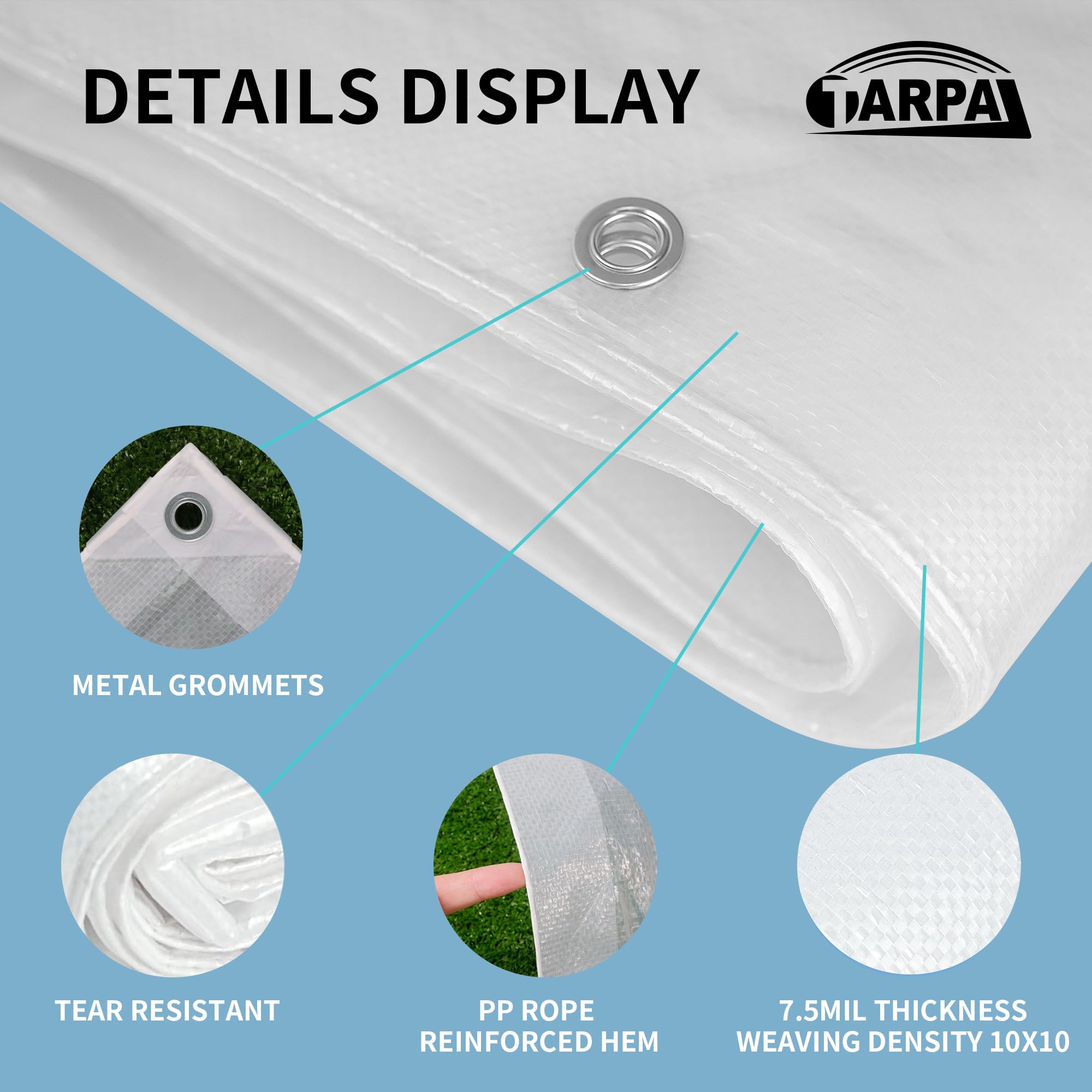 TARPAL tarp with rubber ring grommets at corners supports sturdy wind resistance.