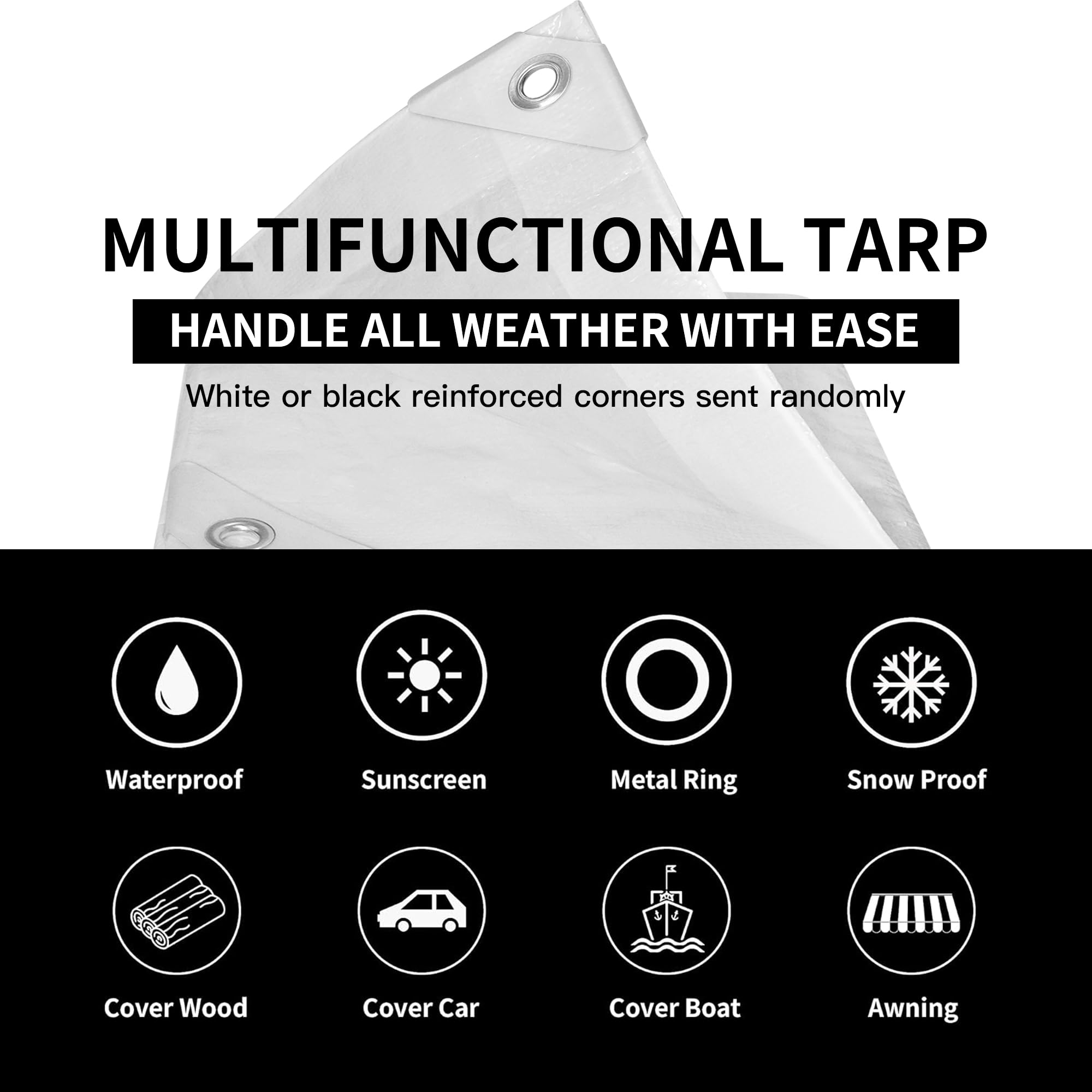 Tarpal snow-proof UV tarp with durable white surface for outdoor use.