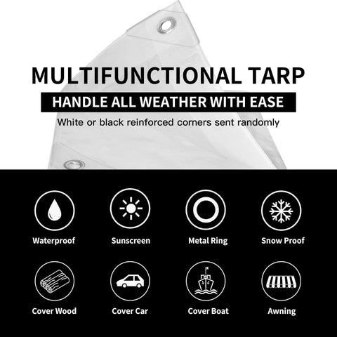 Tarpal snow-proof UV tarp with durable white surface for outdoor use.