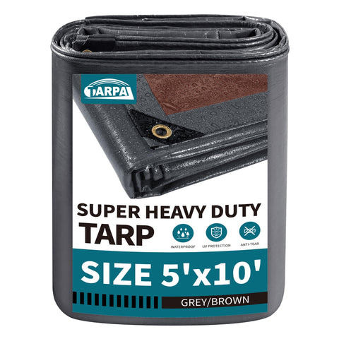 TARPAL 5x10 tarp cover ready for outdoor protection and easy setup.