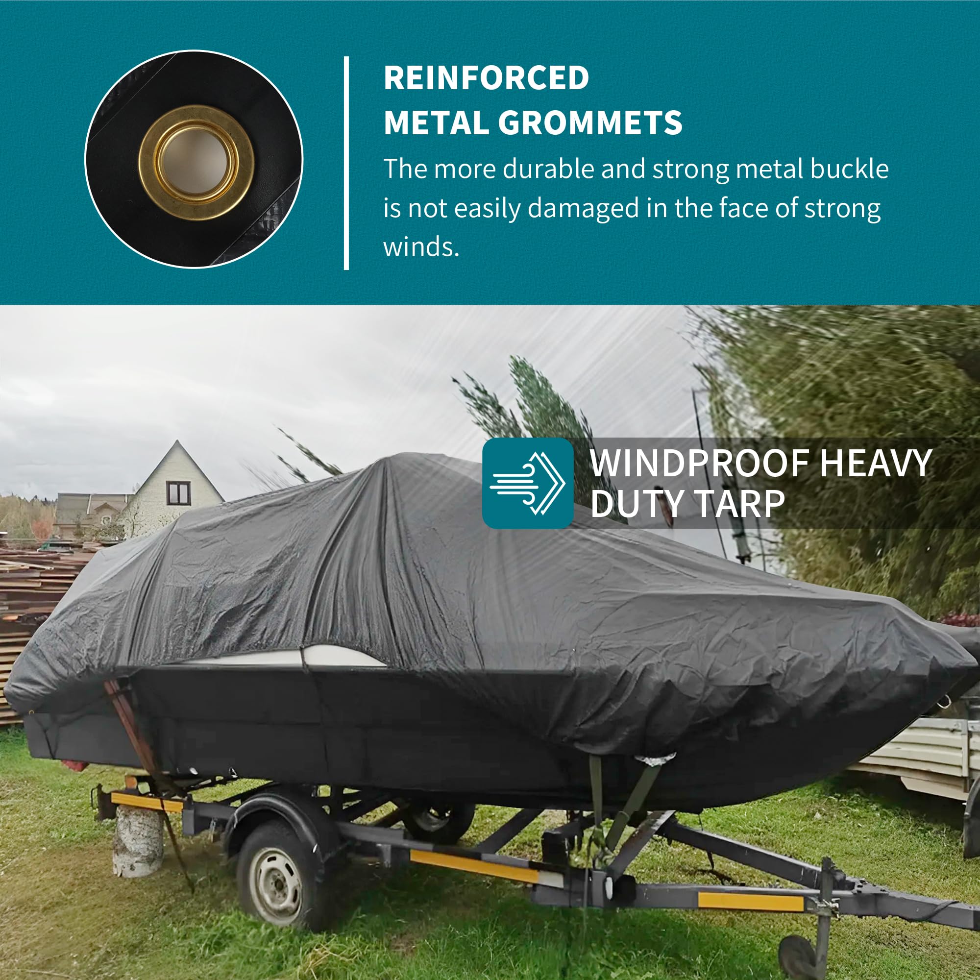 TARPAL tarp with grommets closely spaced for secure anchoring.