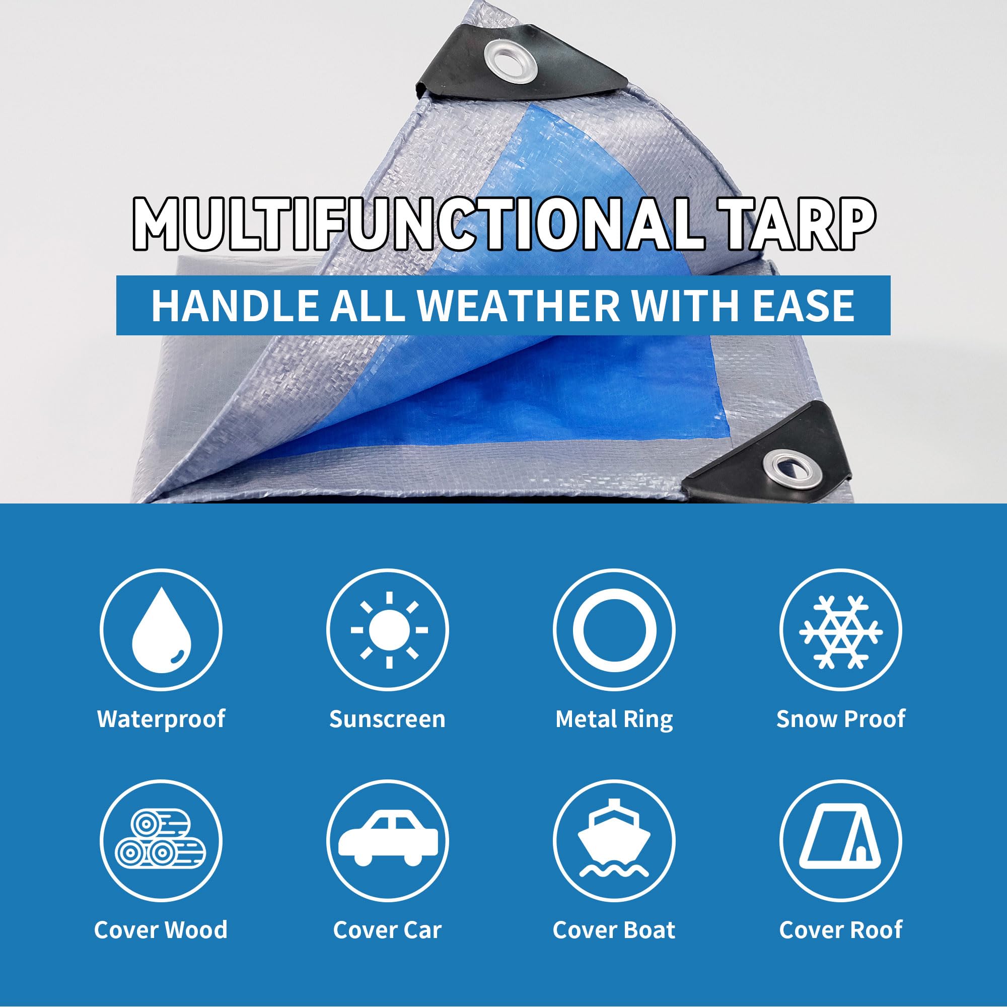 TARPAL tarp showing metal grommets and reinforced edges for secure ties
