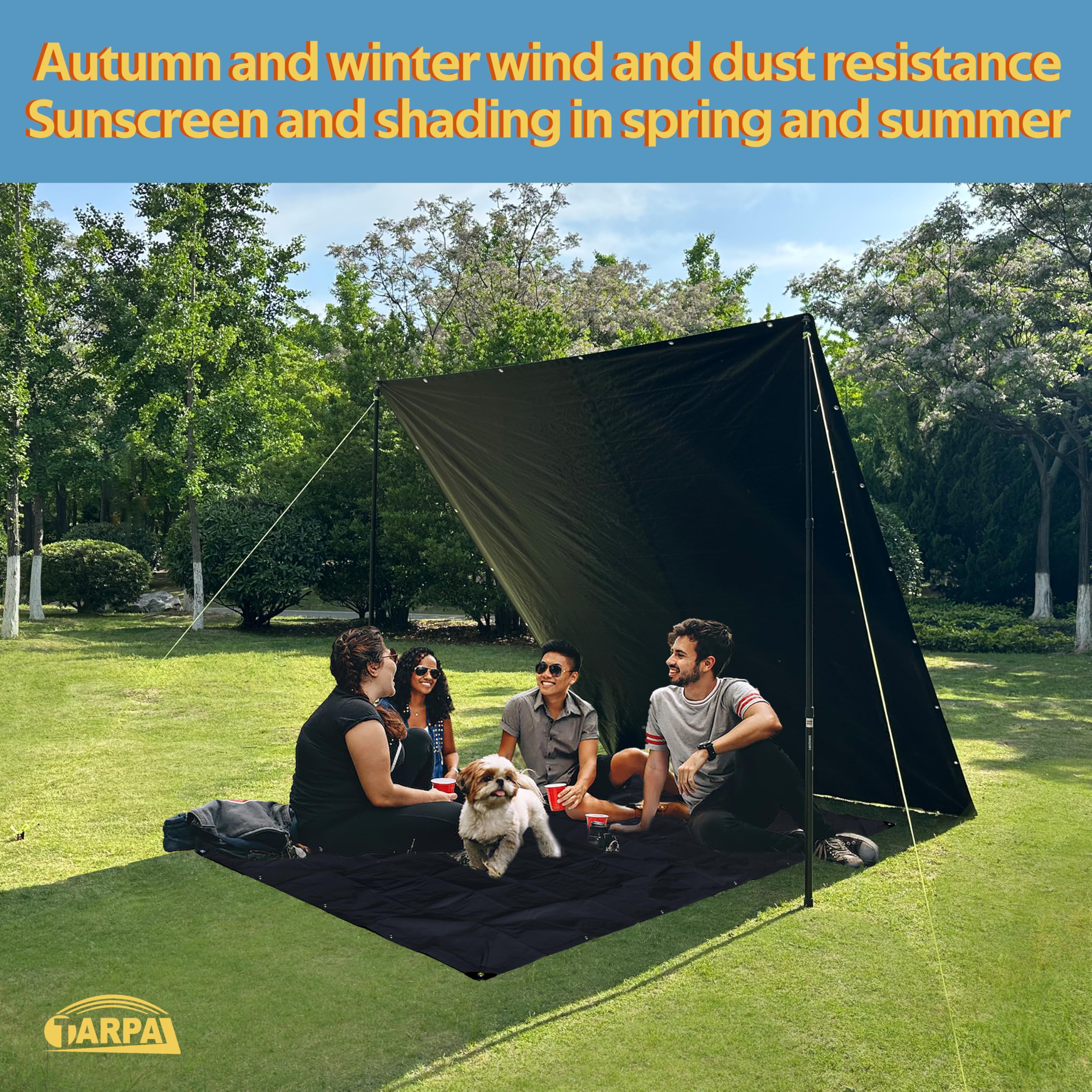 TARPAL tarp safeguards outdoor furniture from wind and rain.