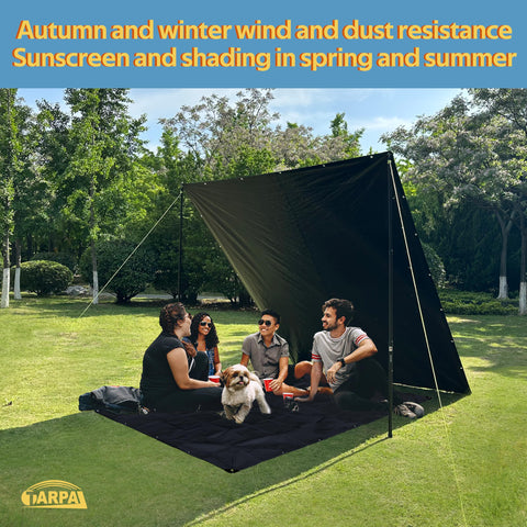 TARPAL tarp safeguards outdoor furniture from wind and rain.