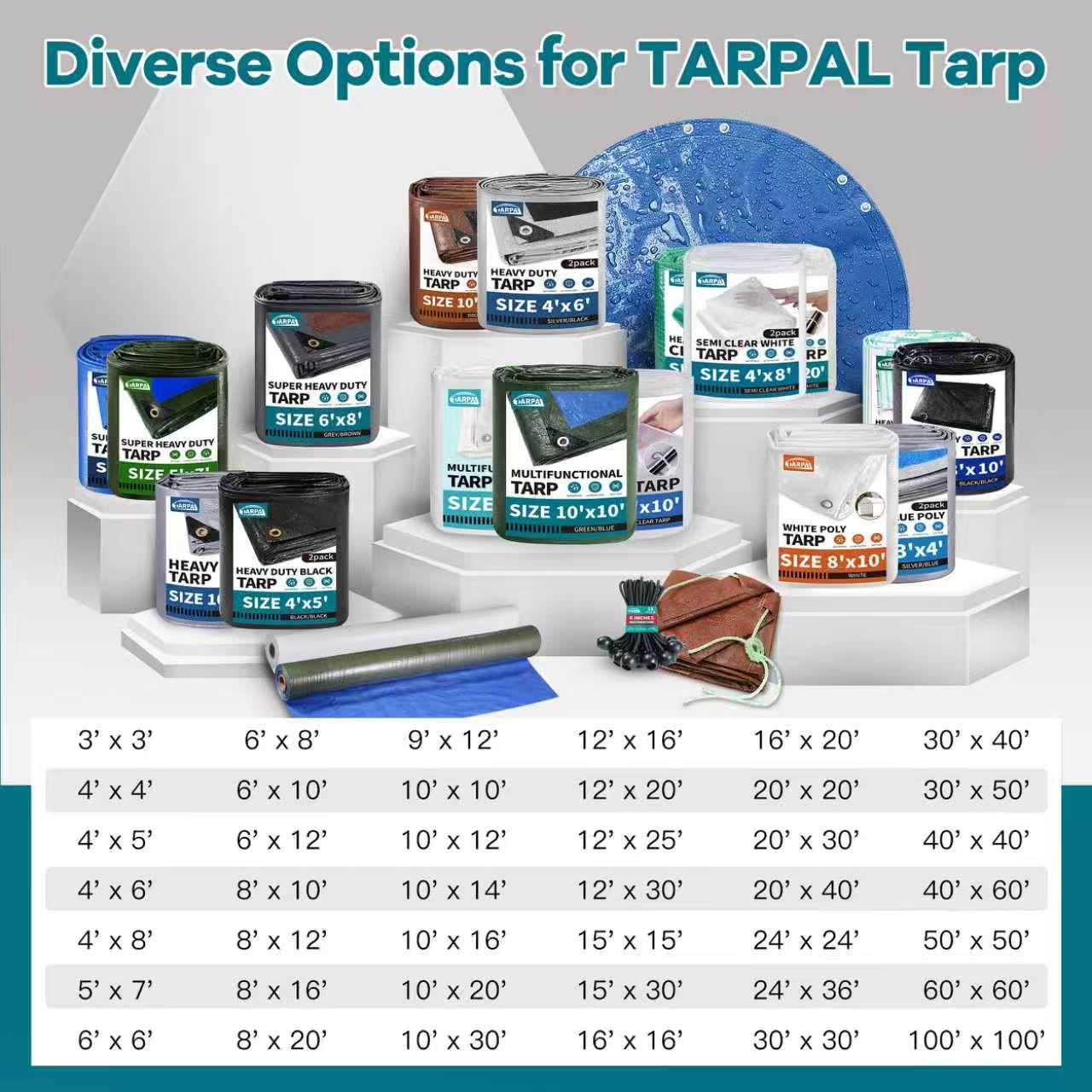 Tarpal tent camping cover protecting gear from wind and dust.