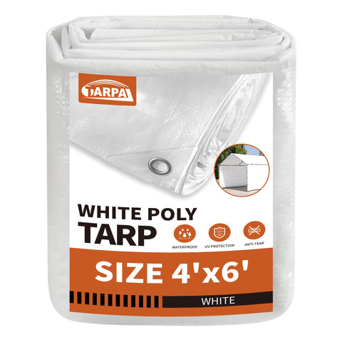 Tarpal waterproof tarp 4x6 white protecting belongings from rain and snow.