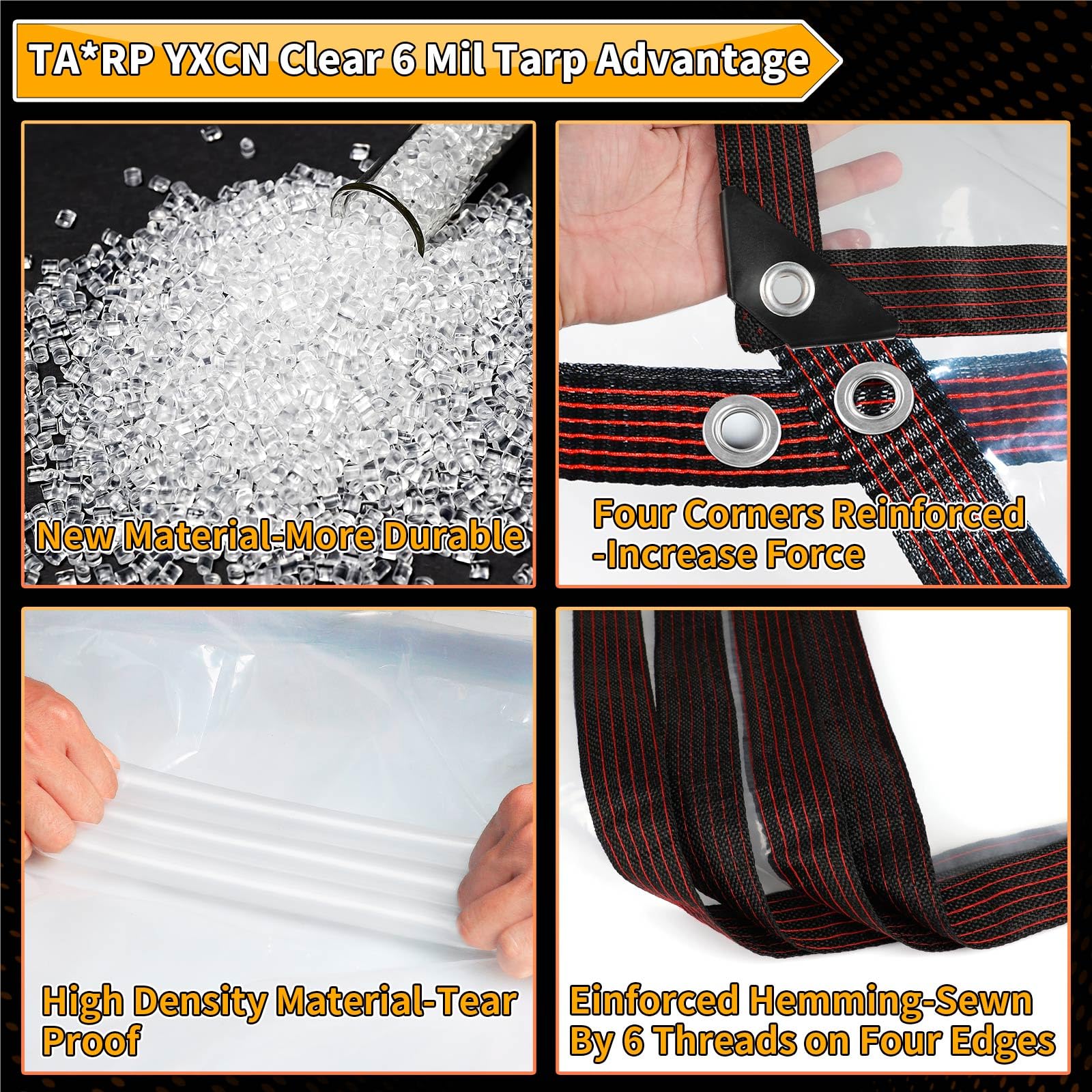 TA*RP YXCN clear tarp corner reinforced stitching provides long-lasting outdoor durability.