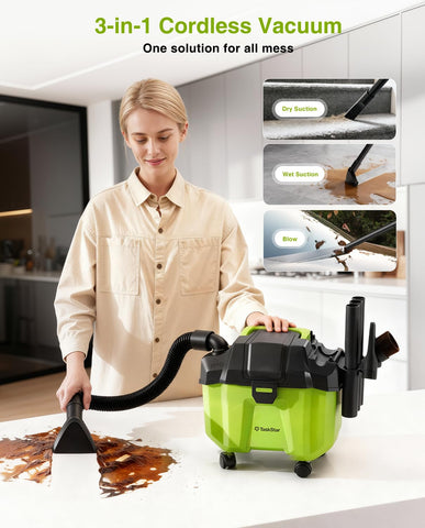 TaskStar 3-in-1 cleaning system handles dry debris, spills, and leaves