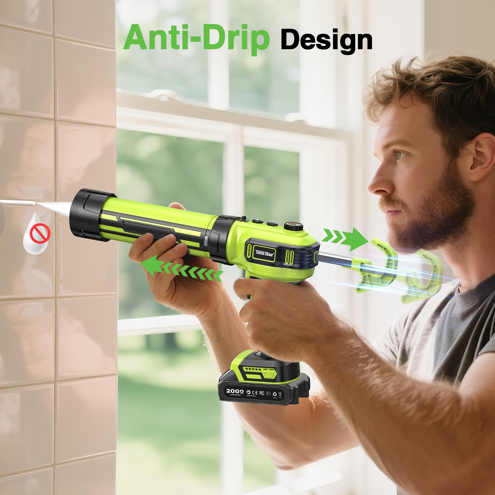 TaskStar caulking gun delivers 550 lbs thrust for steady flow.