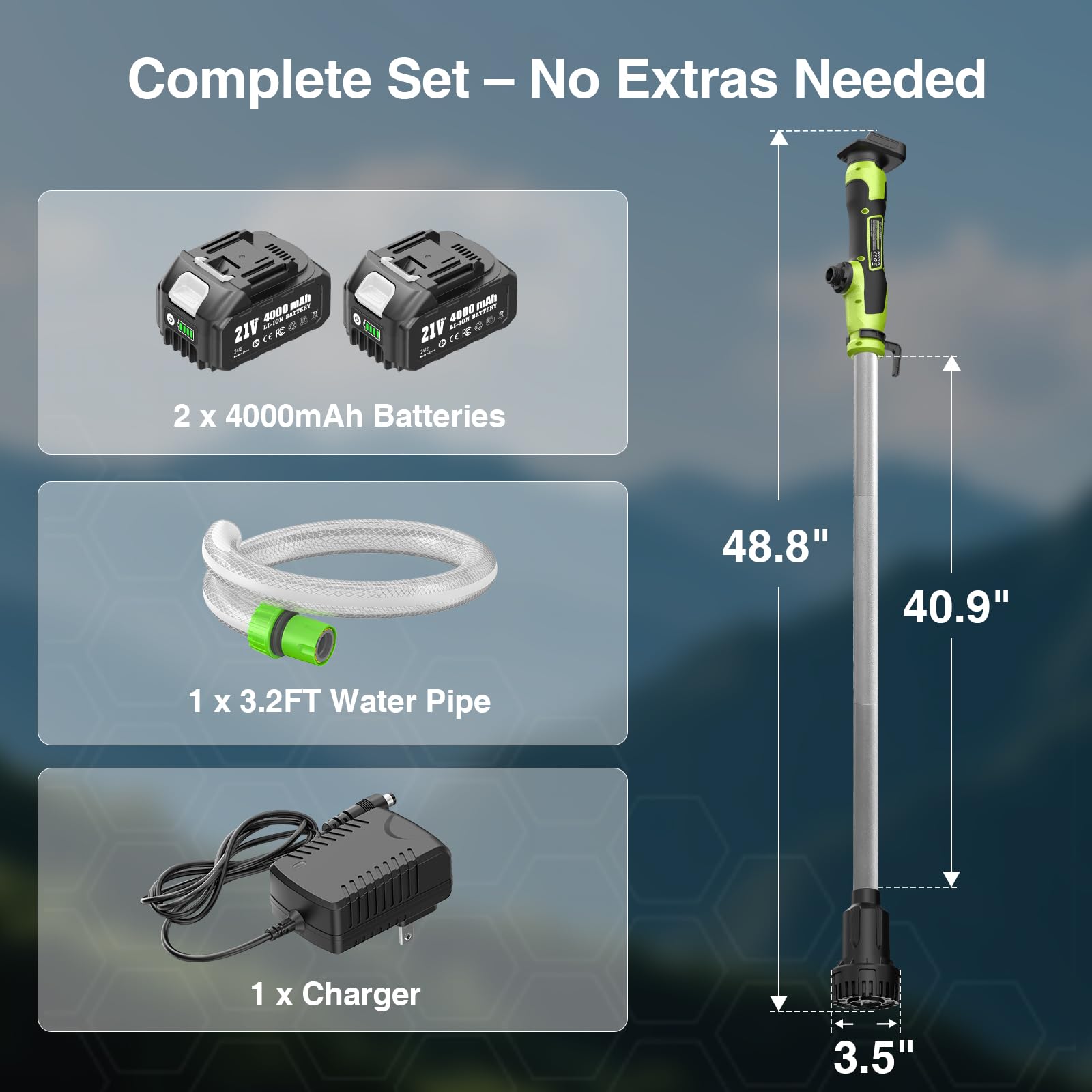 TaskStar complete set includes batteries, charger, and hose for instant pumping.