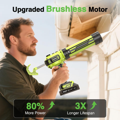 TaskStar cordless caulking gun with LED light guiding precise edge sealing.