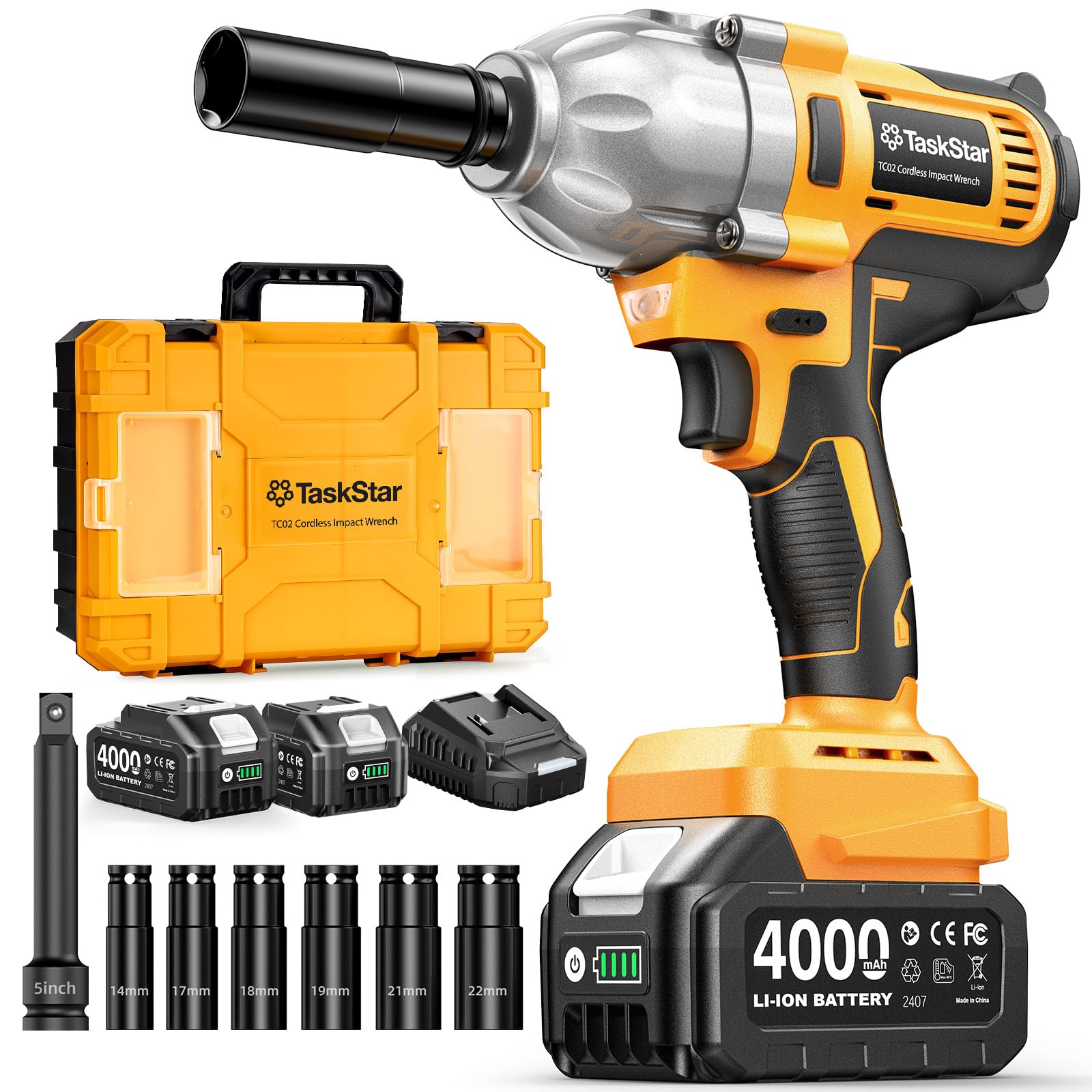 TaskStar cordless impact wrench demonstrates high torque for heavy-duty tire changes.