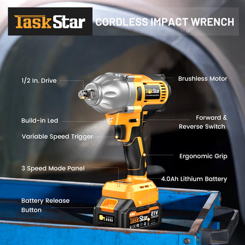 TaskStar cordless impact-wrench tackling rusted nuts in a workshop.