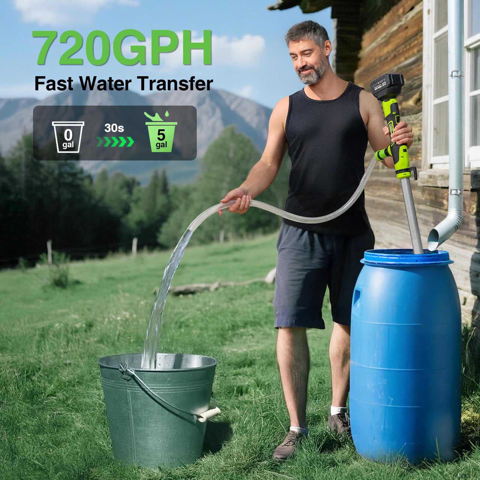 TaskStar cordless stick pump in use shows portable drainage for boats and basements.