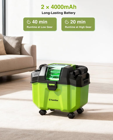 Dual 4000mAh batteries support longer runtimes with quick recharges