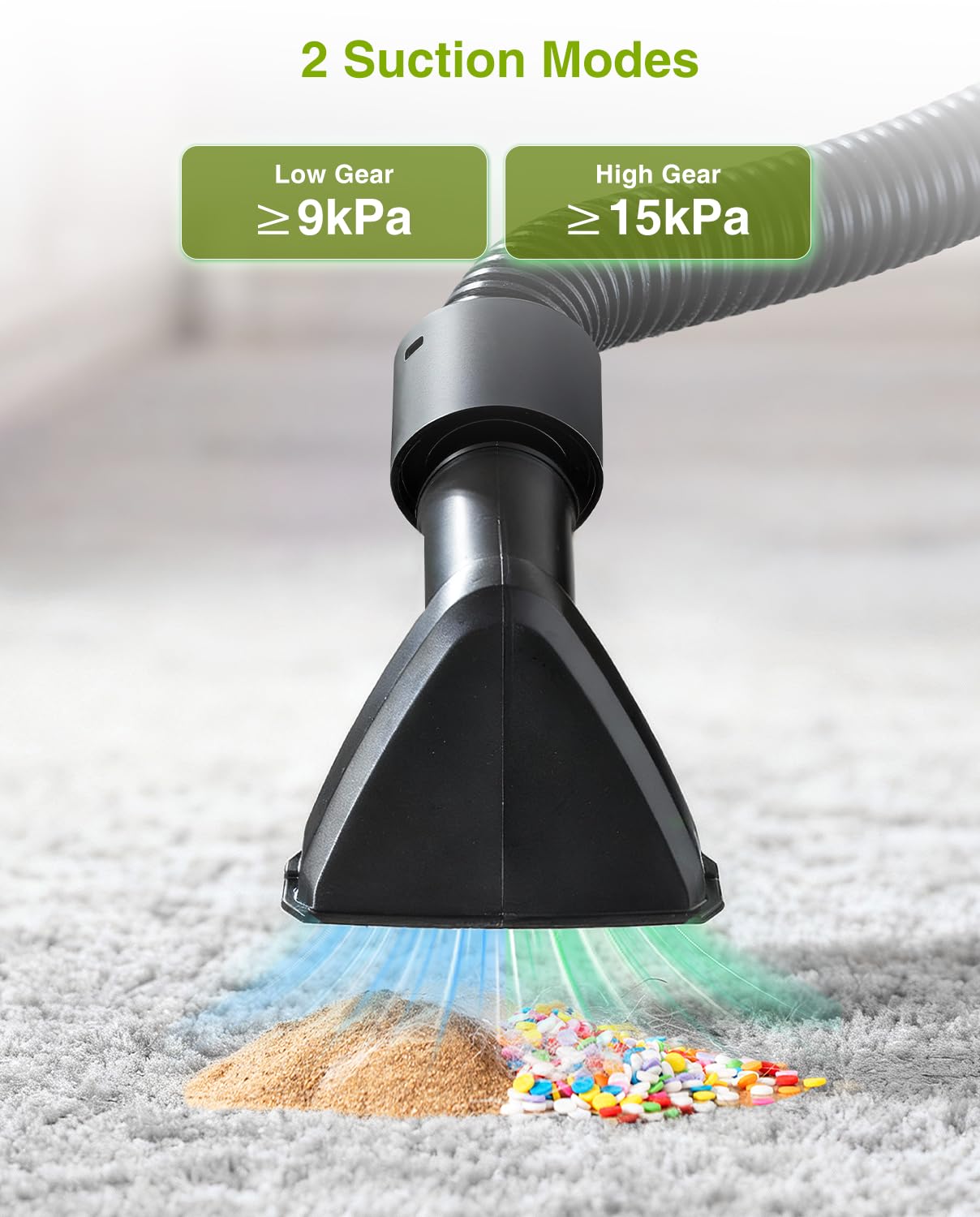 Washable HEPA filter traps fine dust and extends motor life