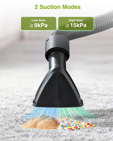 Washable HEPA filter traps fine dust and extends motor life