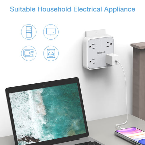 TESSAN 4-port power splitter fits standard US outlets for office or dorm setups.