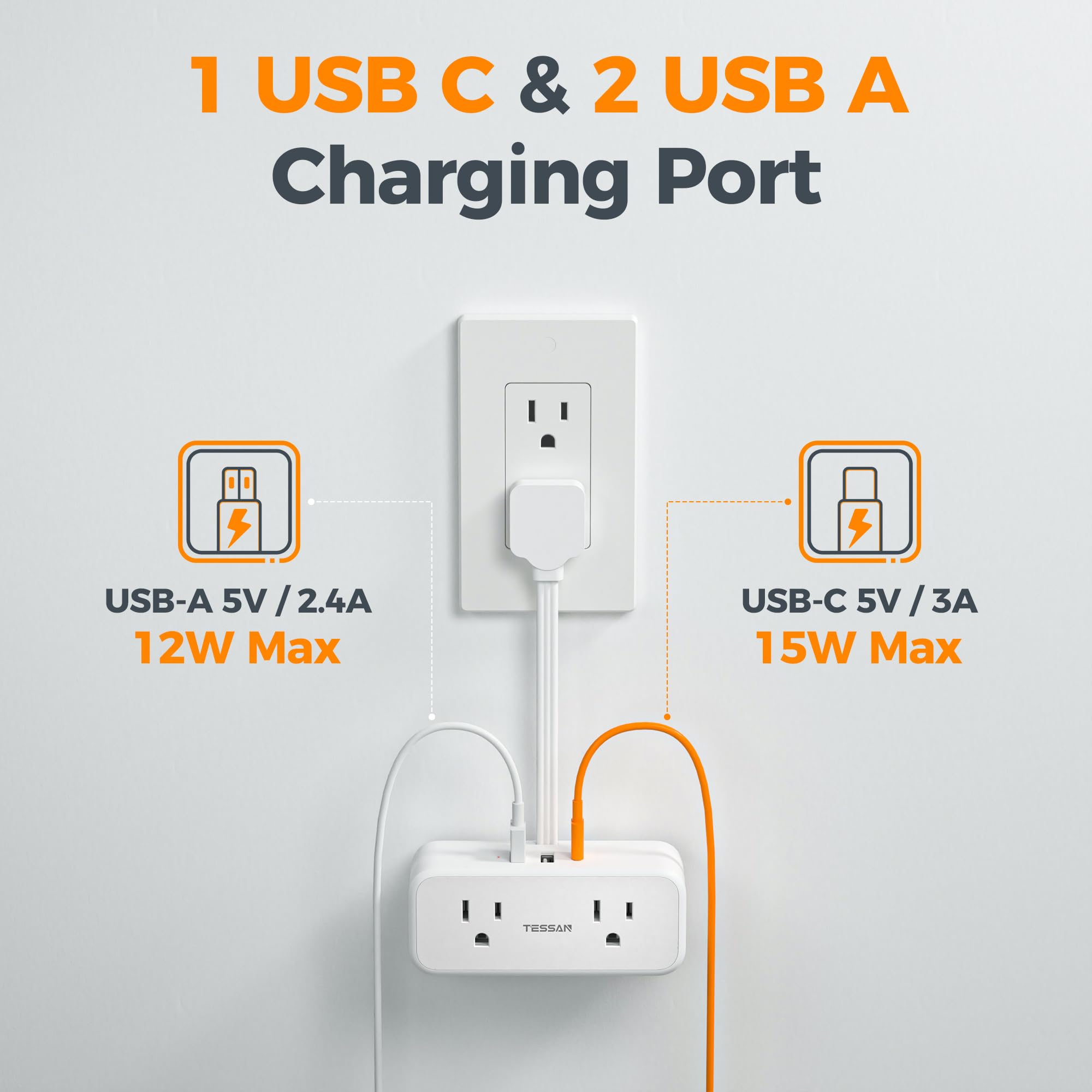 TESSAN 7-in-1 wall outlet provides four outlets and USB charging for busy desks.