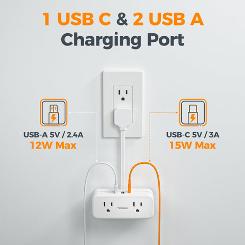 TESSAN 7-in-1 wall outlet provides four outlets and USB charging for busy desks.