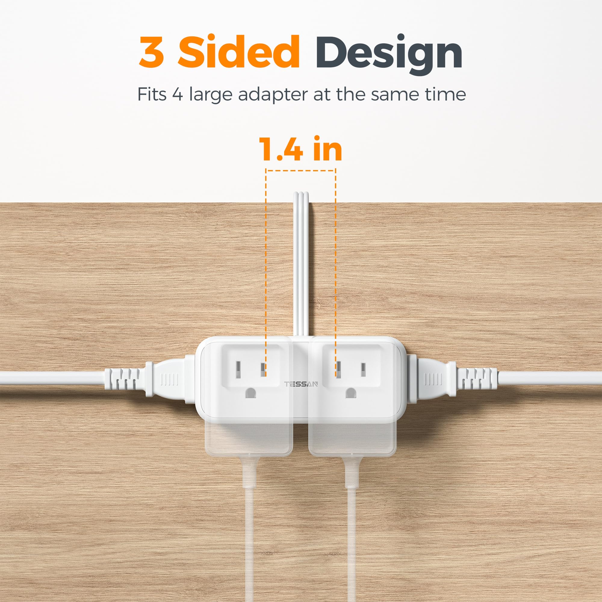 TESSAN flat-head extension hides behind furniture for clean spaces.