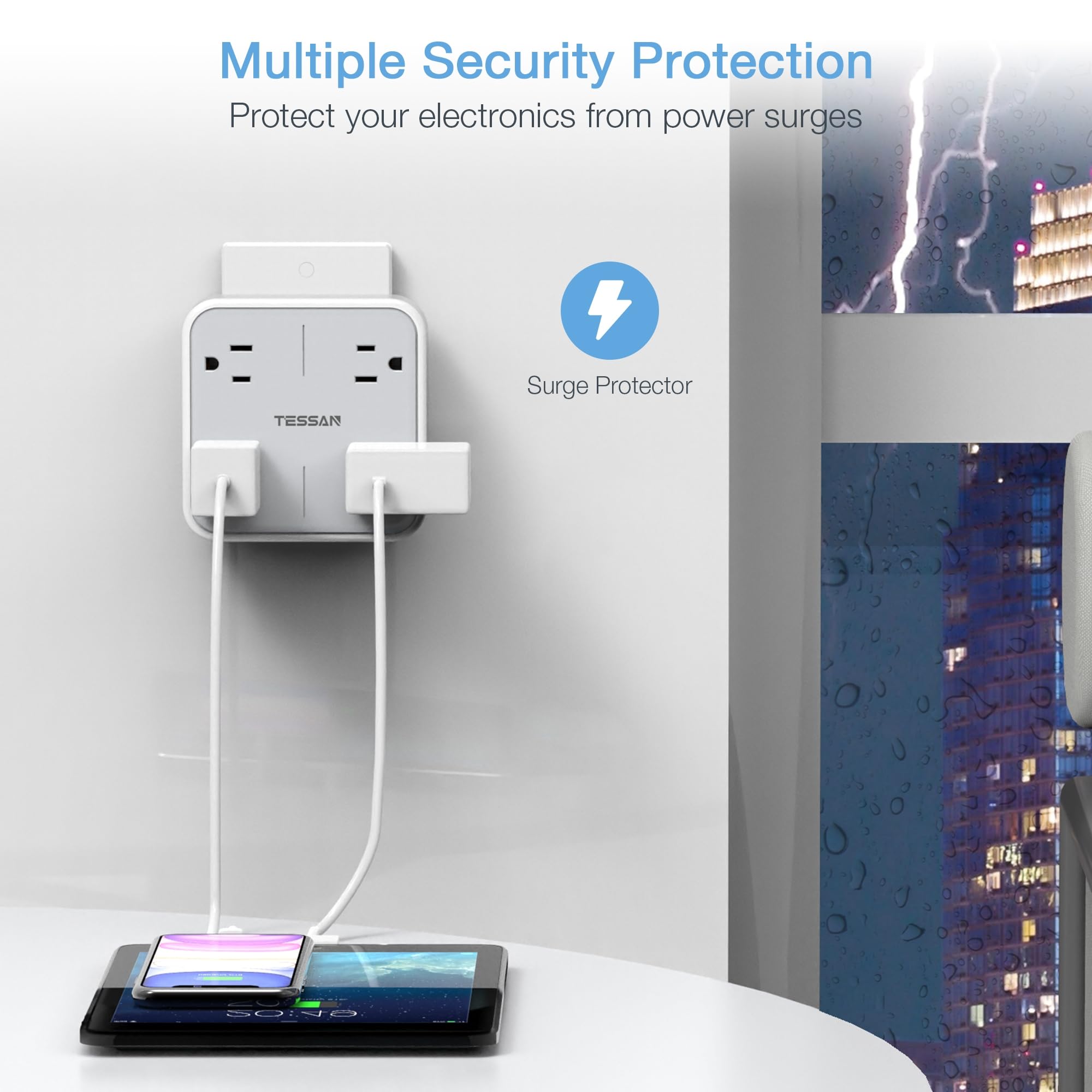 TESSAN home-use outlet expander supports four devices while staying compact on walls.