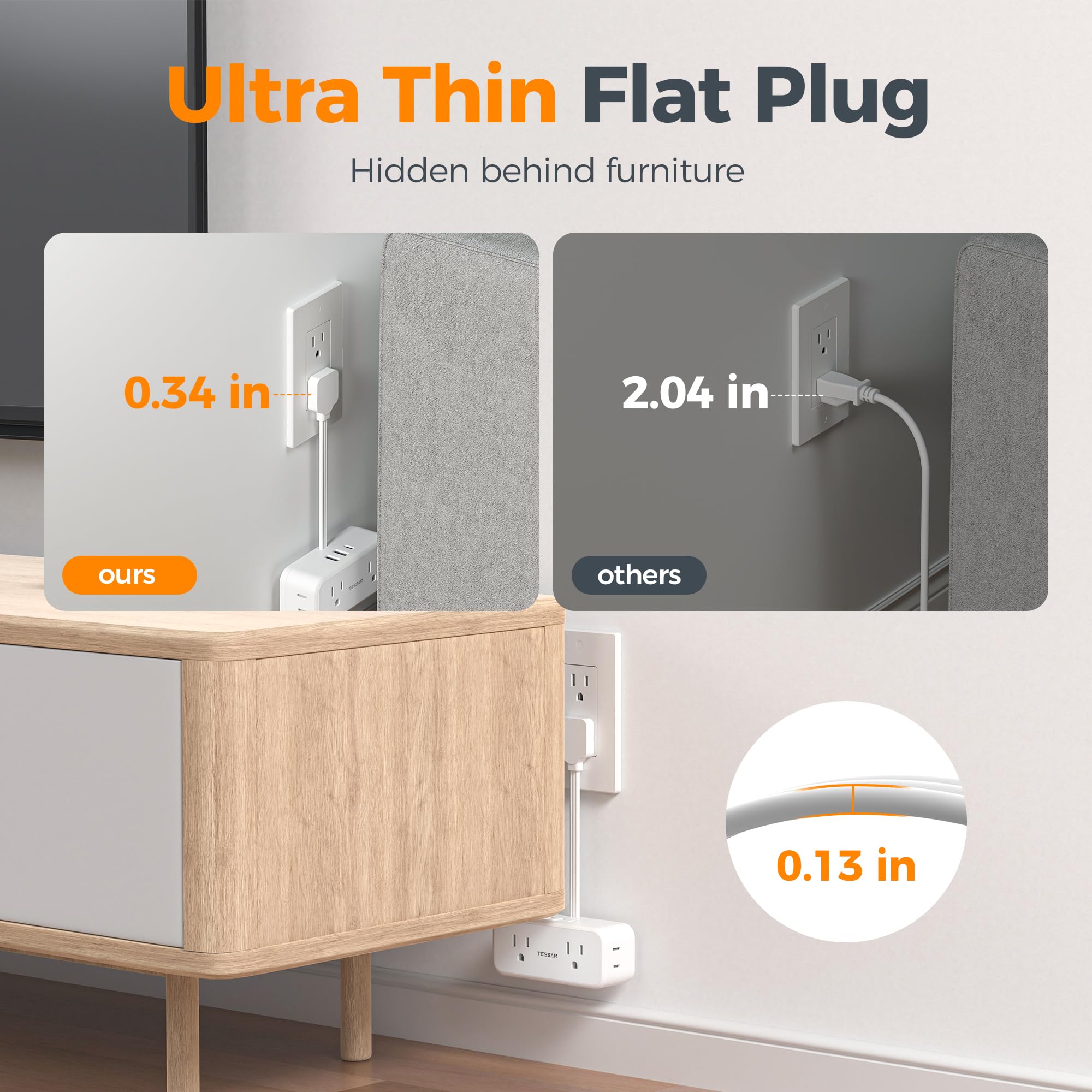 TESSAN three-sided design fits large adapters without blocking outlets nearby.