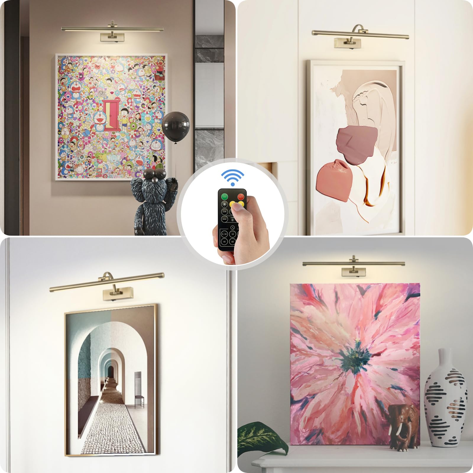 Battery-operated Tassuowell light showing cordless setup for wall art