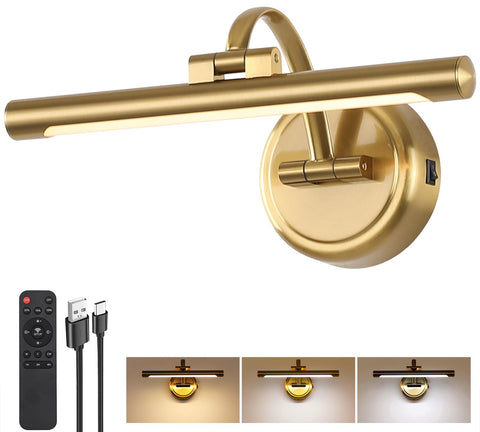 Tassuowell rechargeable picture light in brass mounted above a painting for cordless illumination.