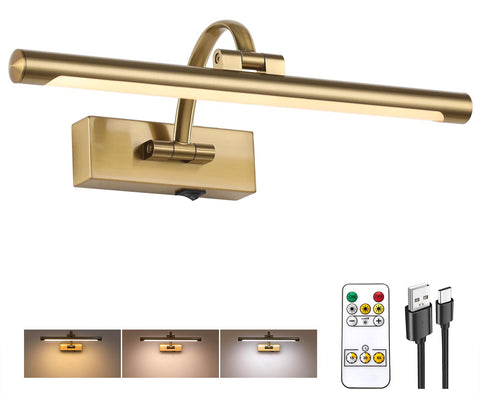 Tassuowell rechargeable picture light with brass finish enhances artwork visibility.