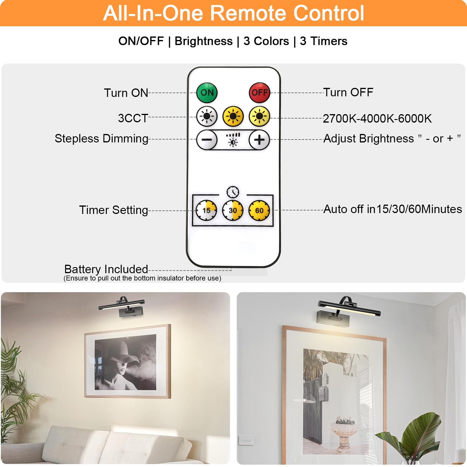Tassuowell rechargeable wall light with timer for halls and galleries