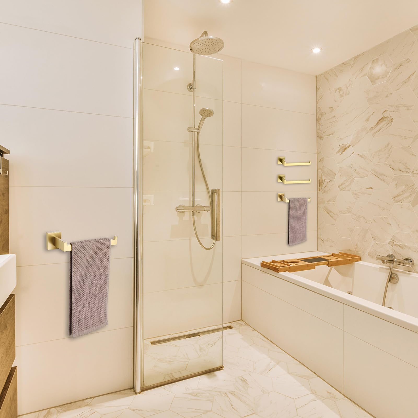 TASTOS modern bathroom setting with square brushed-gold appeal