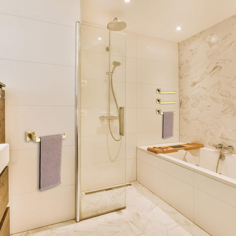 TASTOS modern bathroom setting with square brushed-gold appeal