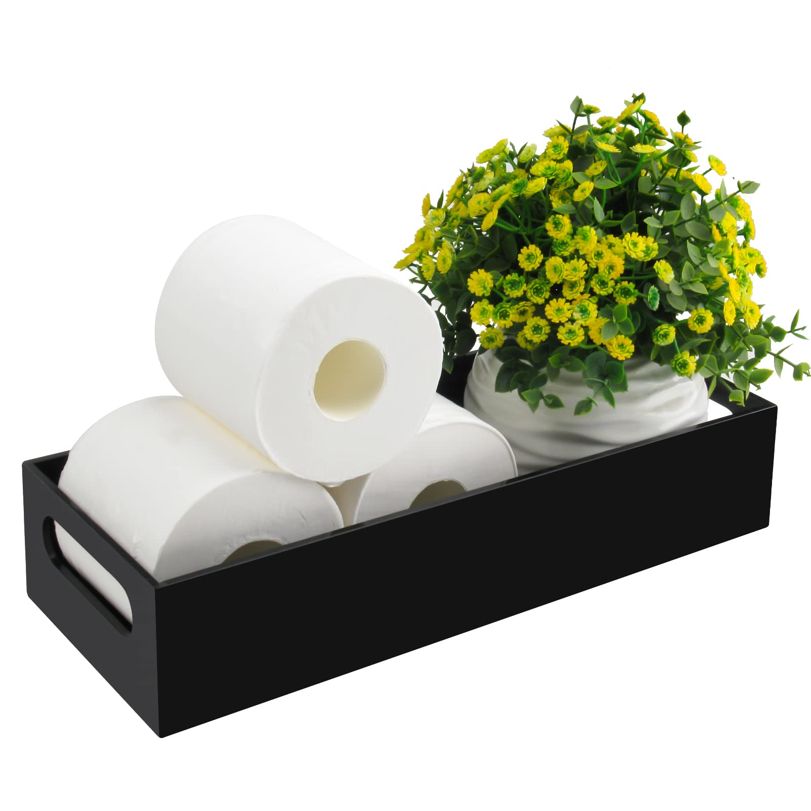 Tasybox toilet paper holder with storage in black acrylic keeps rolls organized.