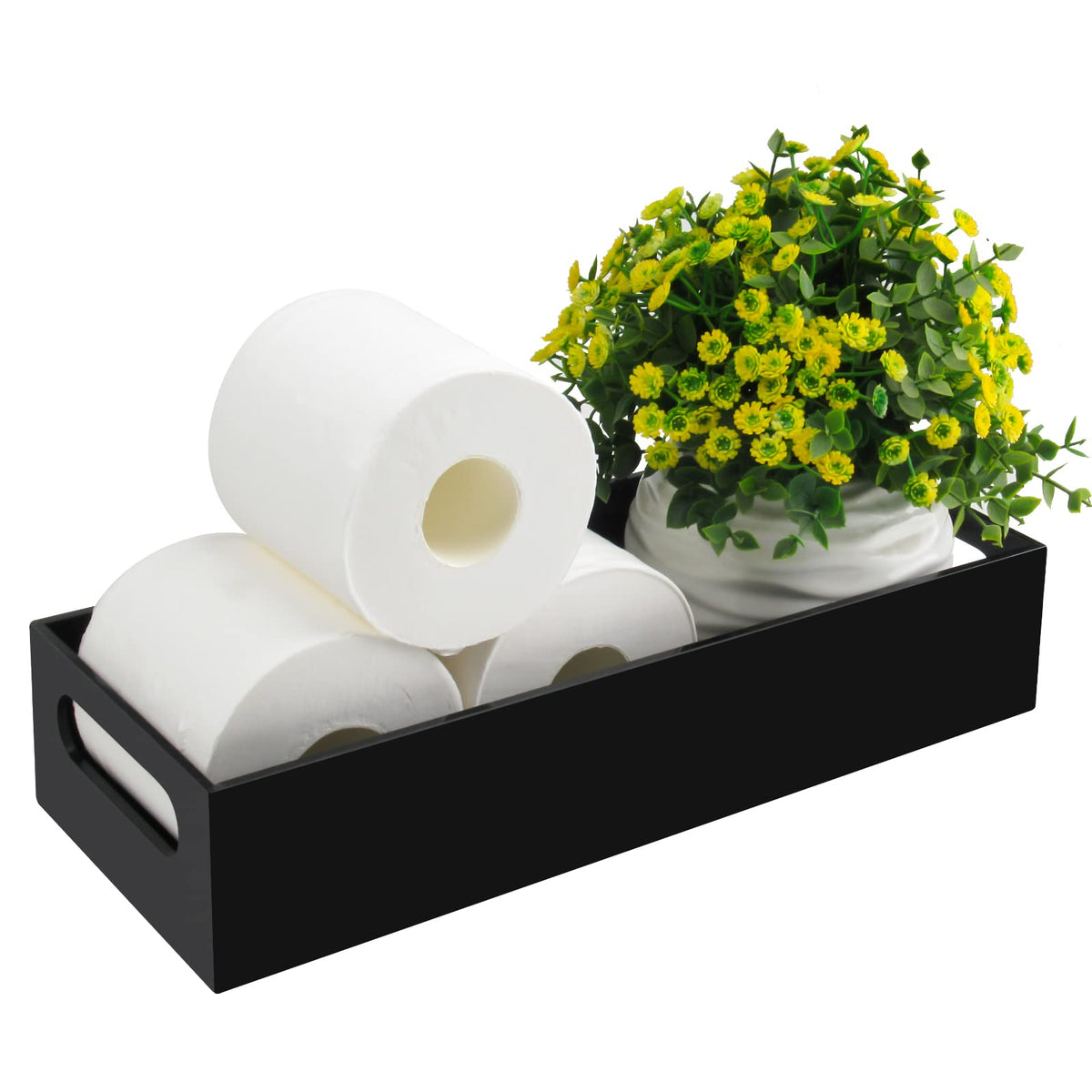 Tasybox toilet paper holder with storage in black acrylic keeps rolls organized.